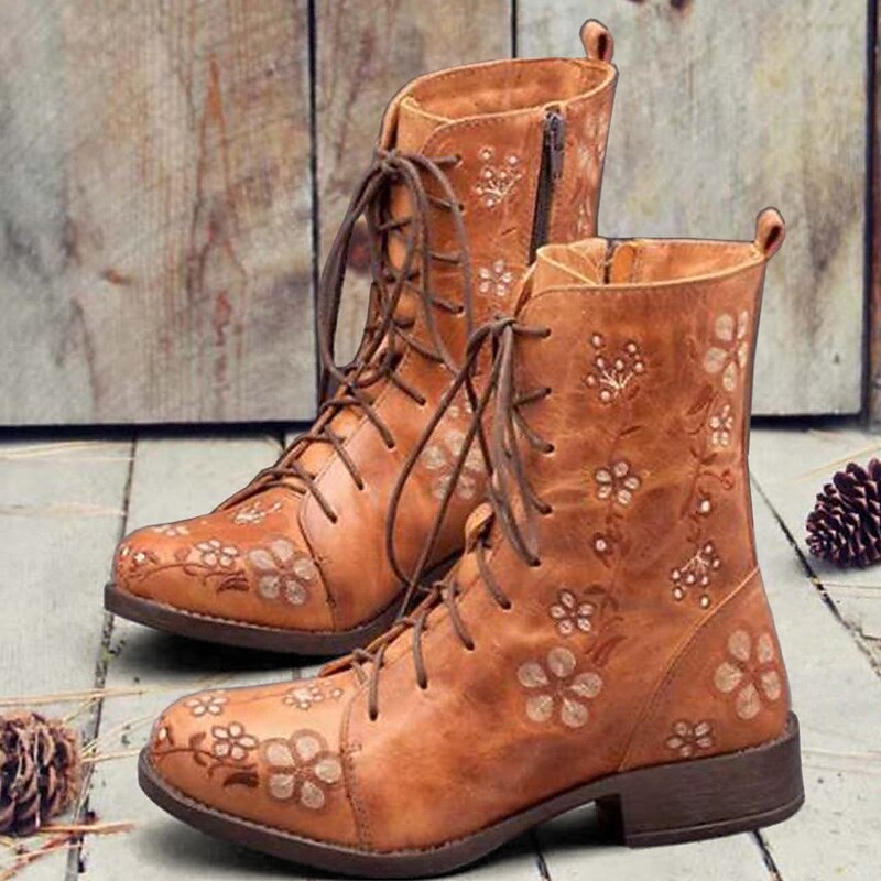 Women's Vintage Floral Embroidered Lace-Up Ankle Boots - Bohemian Style Leather Boots with Side Zipper for Fall and Winter