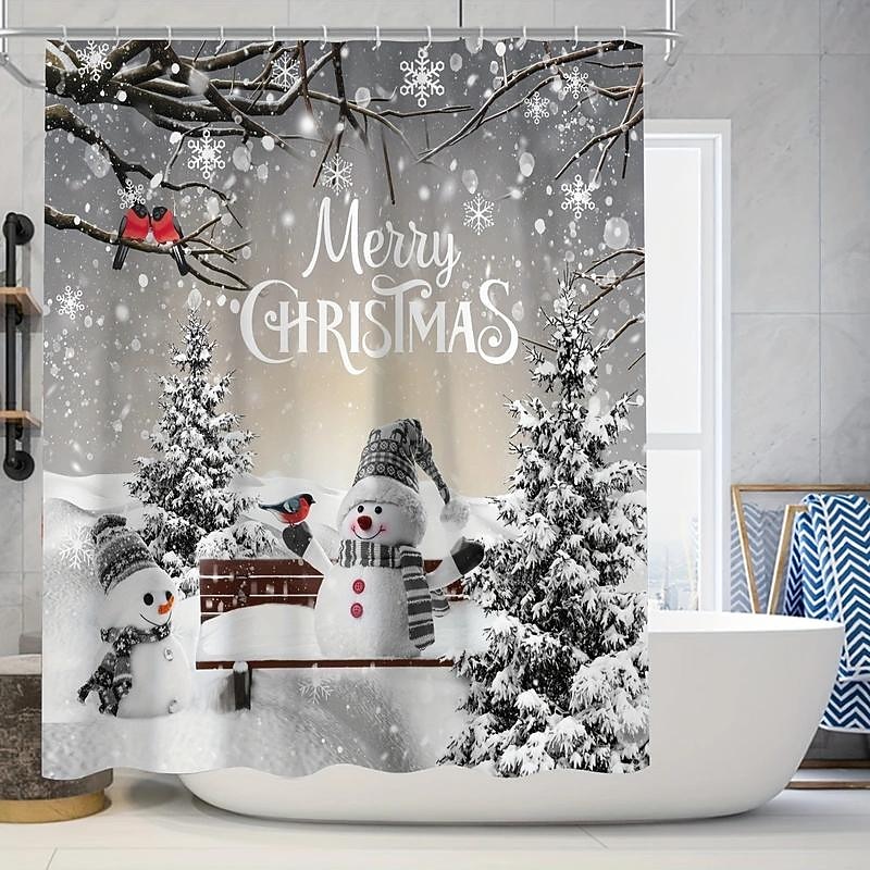 Christmas Snowman Shower Curtain, Waterproof Curtain Set With 12 Hooks, Xmas Bathroom Accessories, Christmas Decor