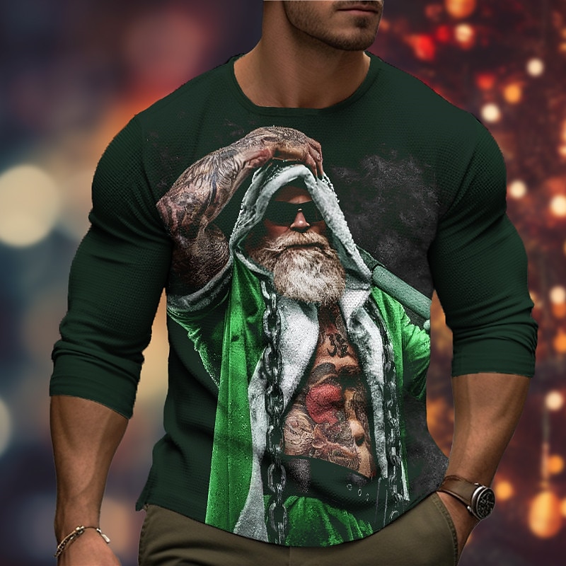 Christmas Men's Graphic Santa Claus T Shirt Long Sleeve T shirt 3D Print Crew Neck Shirt Fashion Designer Casual Sports Outdoor Holiday Going out Black Burgundy Dark Green Spring &  Fall Clothing2