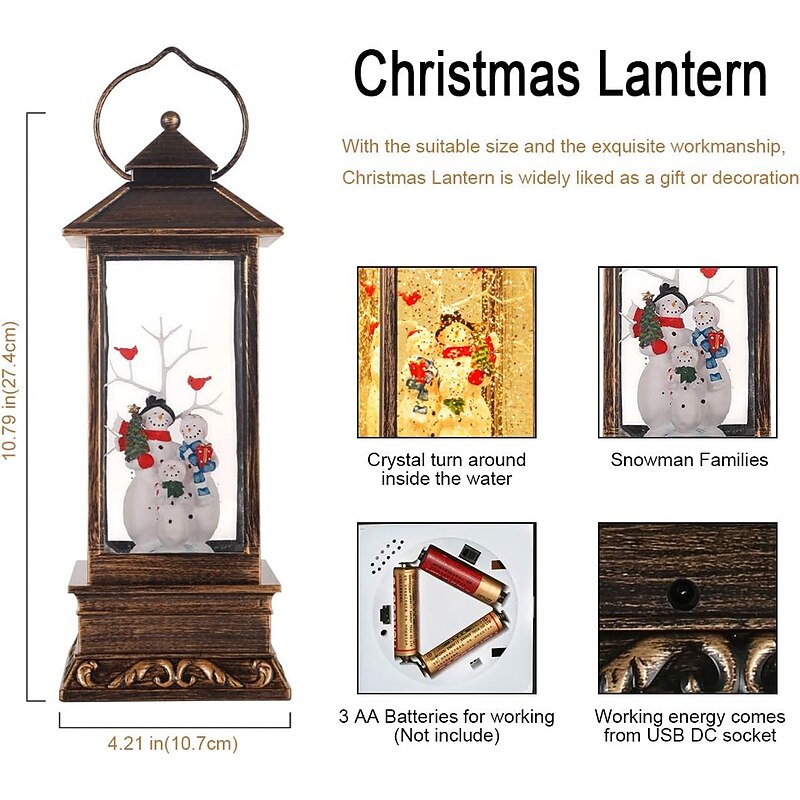 Snowman Family Christmas Lanterm with Musical Snow Globes Swirling Glitter with Color Changing Light for Home Decoration2