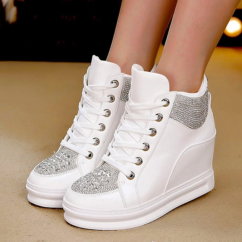 Women's White Rhinestone Wedge Sneakers – Faux Leather High Top Platform Shoes for Casual, Party & Streetwear Fashion