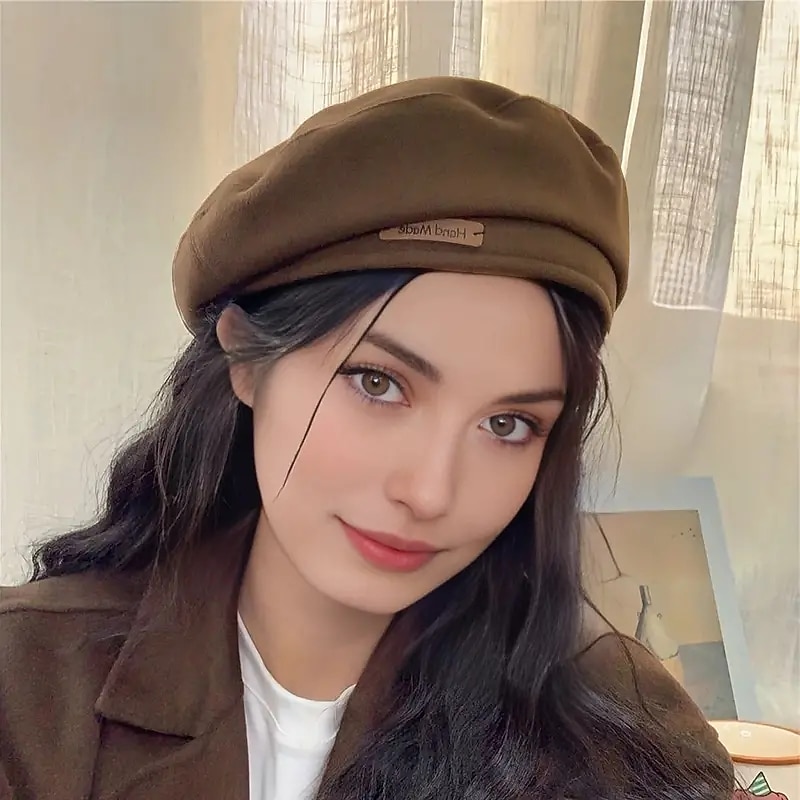 1pc Trendy Casual Brown British Beret With Letter Patched For Women Autumn Winter Painter Fedora Hat3