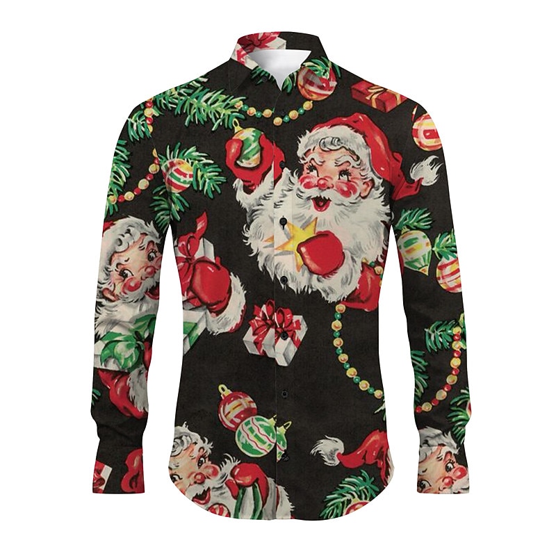 Christmas Men's Santa Claus Printed Shirts Santa Claus Casual Long Sleeve Daily Wear Going out Fall & Winter Turndown Print Button-Down Yellow Red Purple Green 4-Way Stretch Fabric