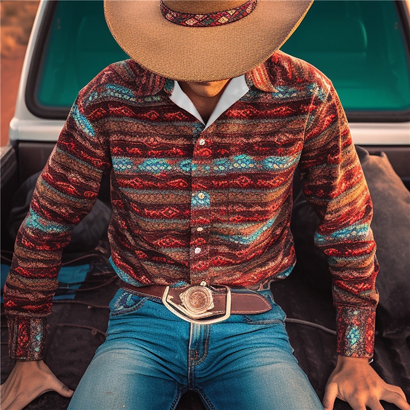 Men's Color Block Geometry Shirt Western Shirt Cowboy Shirt Long Sleeve Vintage Western Style Daily Wear Going out Weekend Fall & Winter Turndown Print Button-Down Burgundy Brown2