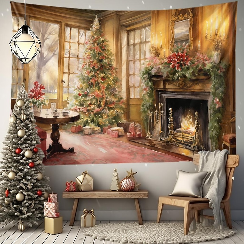 Christmas Decorations Christmas Tree Hanging Tapestry Wall Art Xmas Large Tapestry Mural Decor Photograph Backdrop Blanket Curtain Home Bedroom Living Room Decoration Fireplace4
