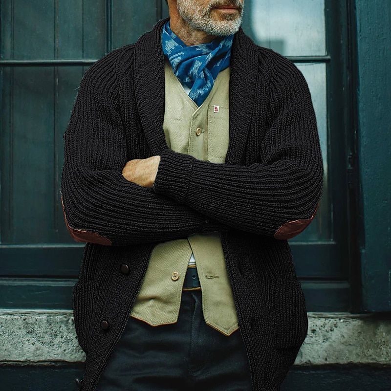 Men's Cardigan Sweater Cropped Sweater Ribbed Knit Regular Pocket Knitted Plain Shawl Collar Warm Ups Modern Contemporary Daily Wear Going out Clothing Apparel Winter Black Brown M L XL4