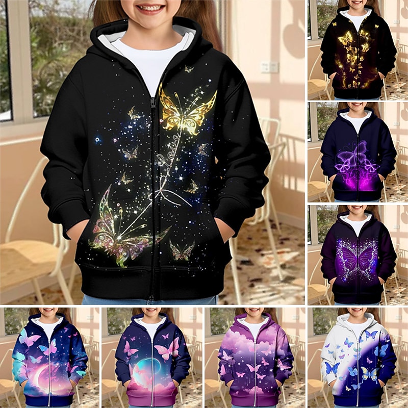 Girls' 3D Butterfly Hoodie Coat Outerwear Long Sleeve 3D Print Fall Winter Active Fashion Cute Kids 3-12 Years Outdoor Casual Daily Regular Fit