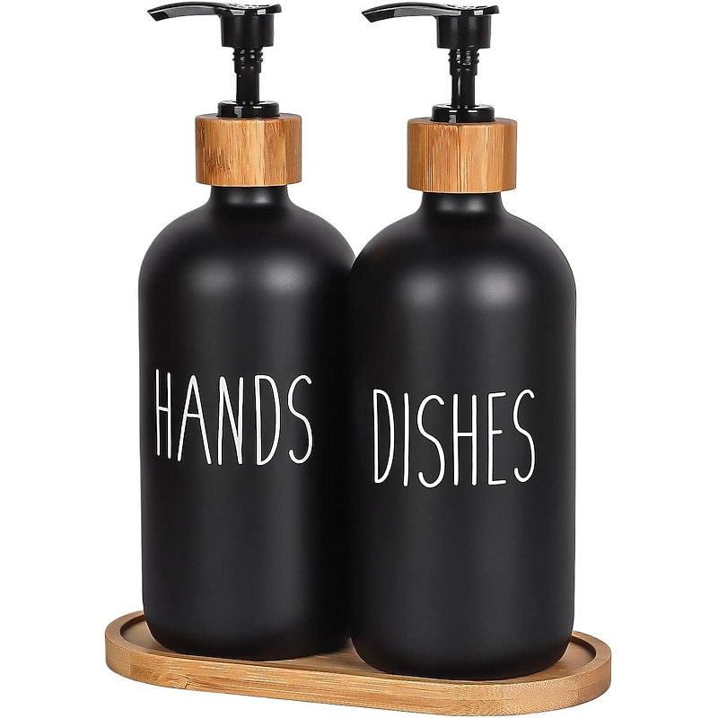 Soap Dispenser Set with Tray by Brighter Barns for Bathroom/Kitchen Hand and Dish Soap Dispenser for Bathroom Kitchen Sink Bamboo- Farmhouse Soap Dispenser(500ml*2) - Main Image