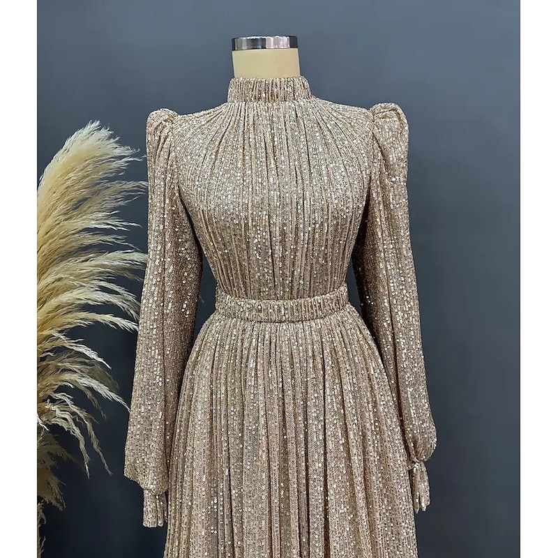 A-Line Evening Gown Elegant Dress Black Tie Floor Length Long Sleeve Jewel Neck Fall Wedding Guest Sequined with Ruched Masquerade Dress2