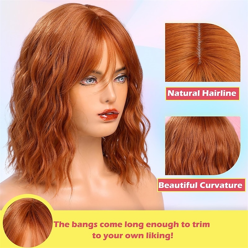 Auburn Bob Wigs for Women Synthetic Wavy Curly Hair Wig with Bangs for Daily Use Christmas Party Wigs3