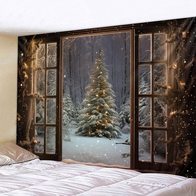 Christmas Decorations Christmas Tree Winter Hanging Tapestry Wall Art Xmas Large Tapestry Mural Decor Photograph Backdrop Blanket Curtain Home Bedroom Living Room Decoration Snow Window View 6