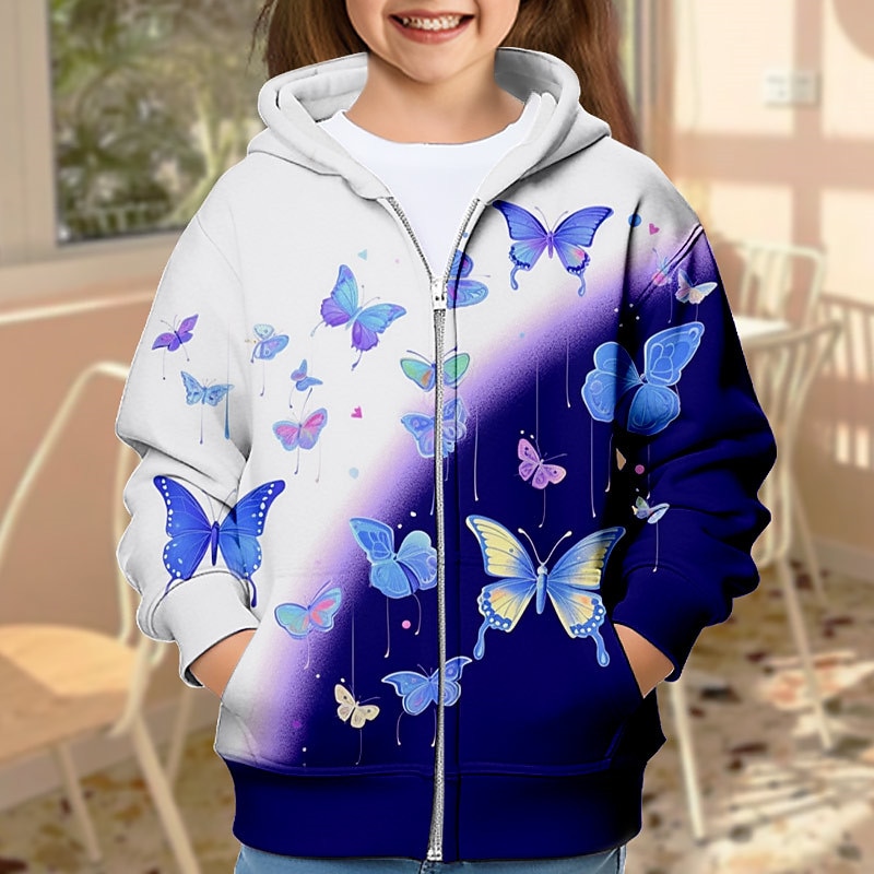 Girls' 3D Galaxy Butterfly Hoodie Coat Outerwear Long Sleeve 3D Print Fall Winter Active Fashion Cute Kids 3-12 Years Outdoor Casual Daily Regular Fit3