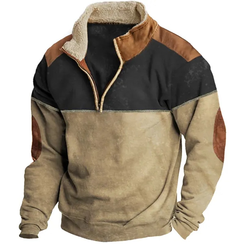 Men's Sweatshirt Quarter Zip Sweatshirt Khaki Standing Collar Color Block Patchwork Sports & Outdoor Daily Holiday Polyester Cool Casual Thin fleece Fall & Winter Clothing Apparel Hoodies Sweatshirts