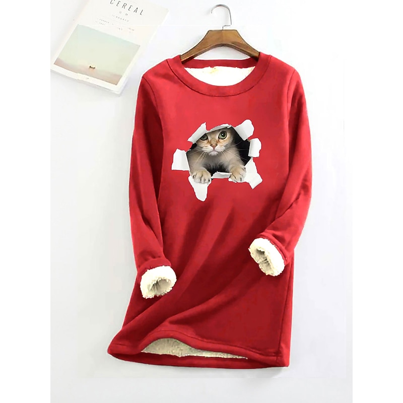 Women's Fleece Lined Pullover Sweatshirt Pajamas Cat Warm Fuzzy Long Sleeve Round Neck Crewneck Long Tops Casual Sports Black Yellow Pink Dark Pink Red Fall & Winter3
