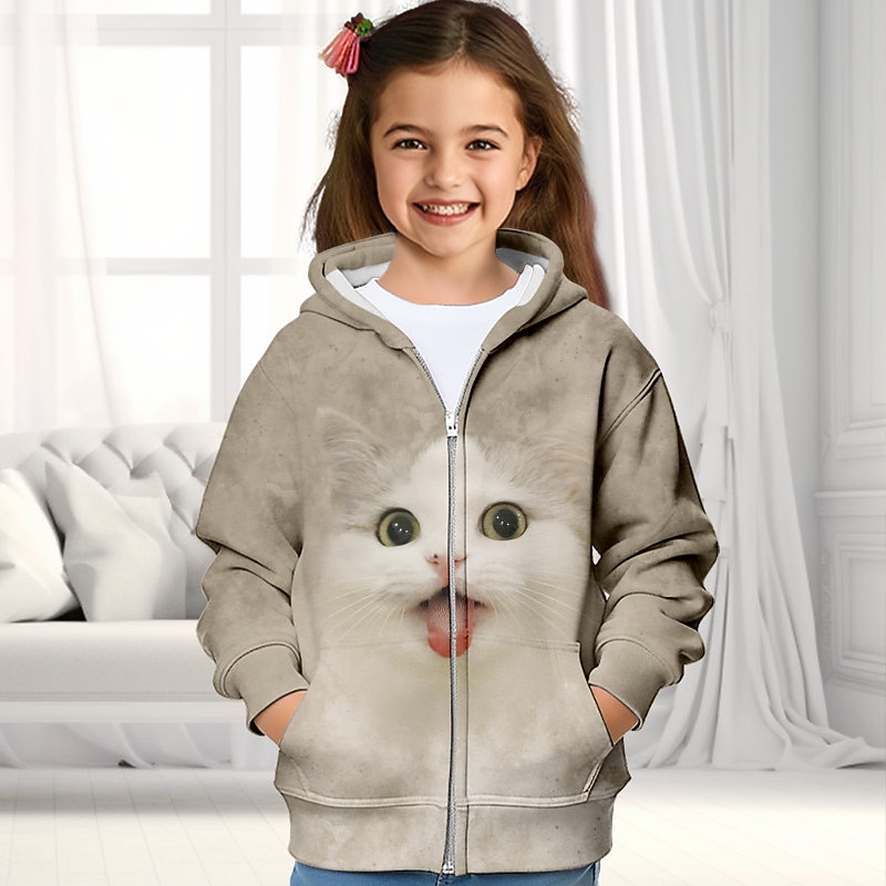 Girls' 3D Cat Hoodie Coat Outerwear Long Sleeve 3D Print Fall Winter Active Fashion Cute Polyester Kids 3-12 Years Outdoor Casual Daily Regular Fit2