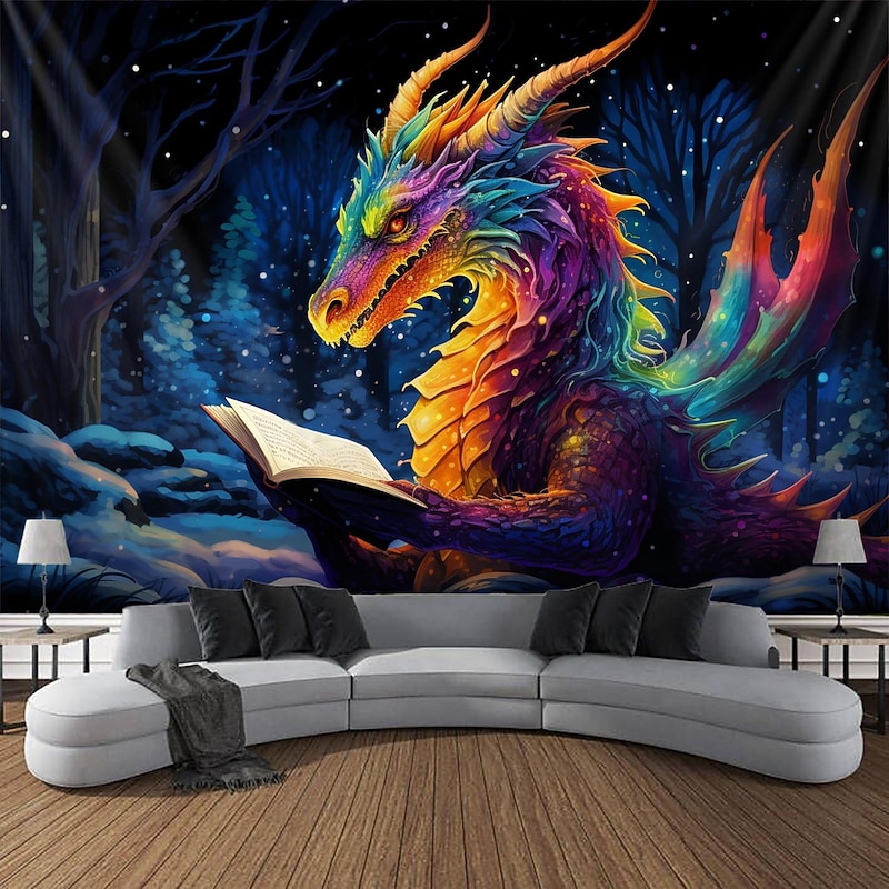 Blacklight Tapestry UV Reactive Glow in the Dark Glow Party Neon Dragon Book Psychedelic Trippy Misty Hanging Tapestry Wall Art Mural for Living Room Bedroom3