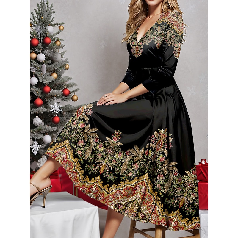 Women's Midi Dress Winter Dress Swing Dress Semi Formal Dress A Line Dress Fashion Streetwear Modern Formal Outdoor Vacation Regular Fit Floral Tribal 3/4 Length Sleeve V Neck Blue Purple Fuchsia Gold