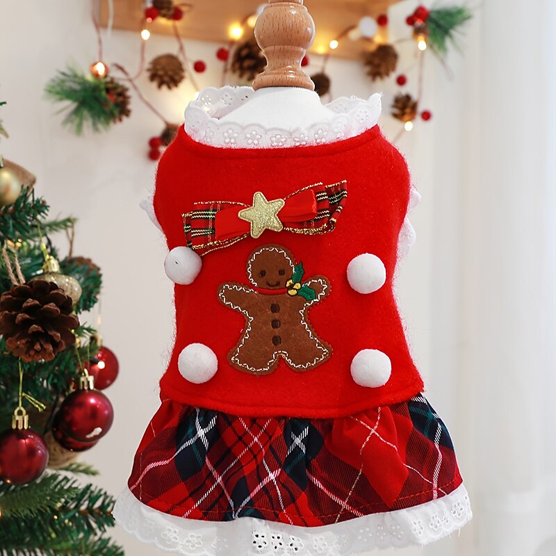 Dog Christmas Outfit Pet Circle Christmas Series Gingerbread Man Red Plaid Skirt Cute Outdoor Liveliness2