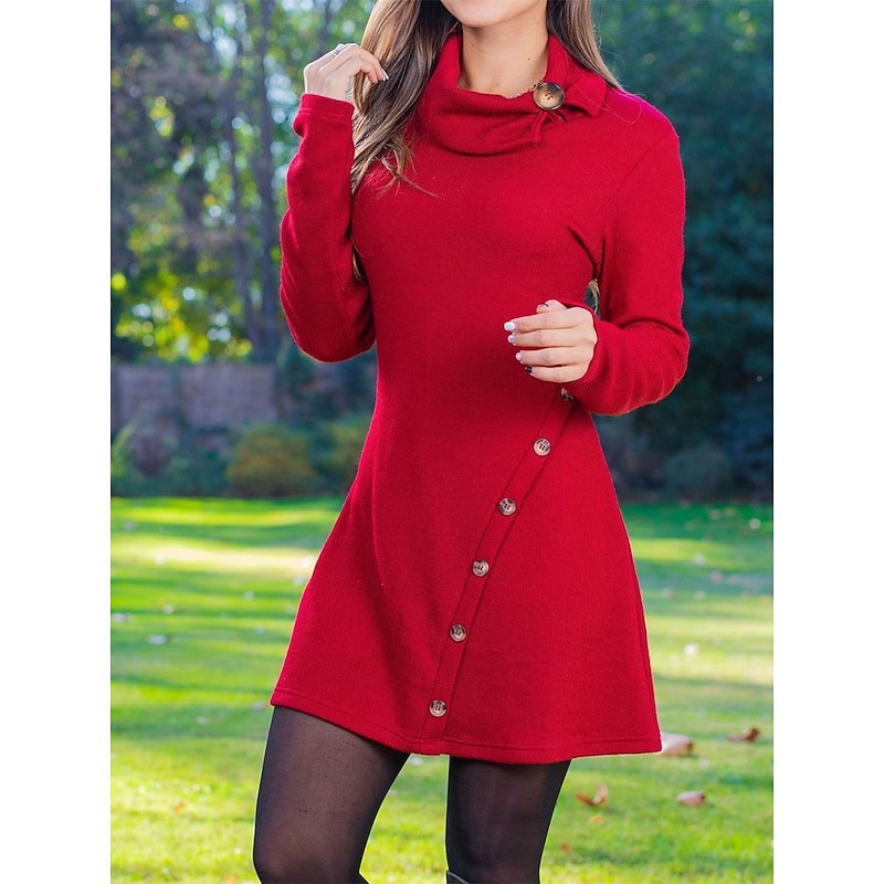 Women's Work Dress New Year's Eve Dress Casual Dress A Line Dress Winter Dress Daily Mini Dress Button Lapel Long Sleeve Plain Slim Black Red Fall4