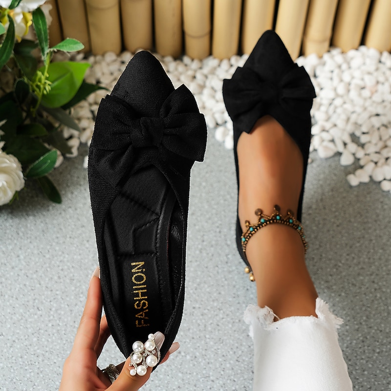 Women's Black Pointed Toe Flats with Bow – Elegant Slip-On Loafers for Ladies, Comfortable Casual Shoes for Work, Office, and Daily Wear2