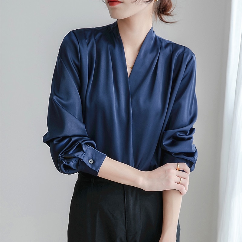 Women's Shirt Elegant Dressy Satin Plain Daily Business Mature Long Sleeve V Neck Regular Tops Work White Navy Blue Spring &  Fall2