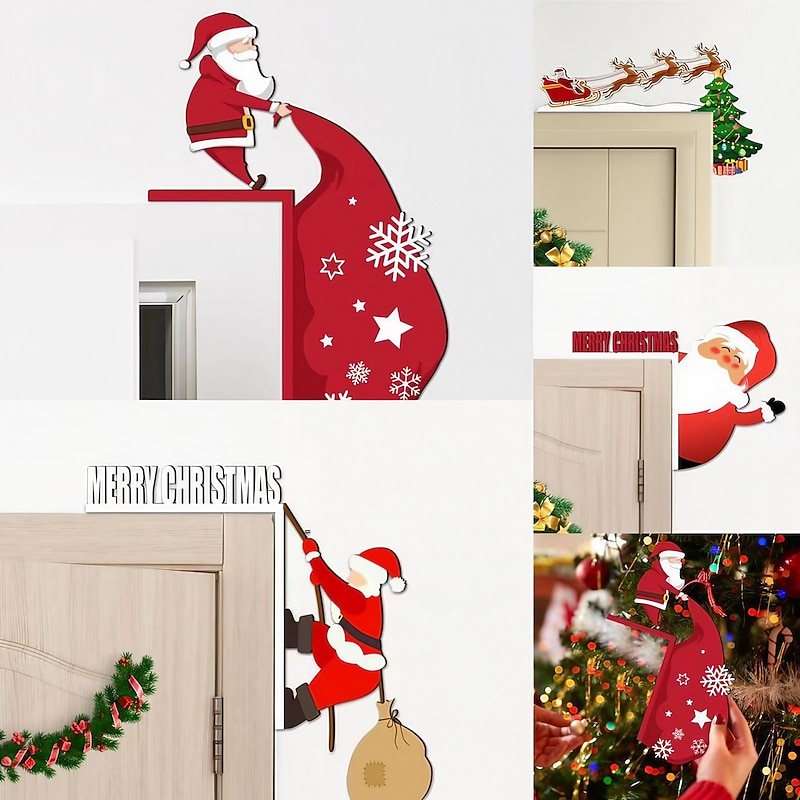 Christmas 3d Santa Claus Deer Car Wooden Door Corner Sticker Door Frame Holiday Decoration Wall Sticker Colored Wood Board
