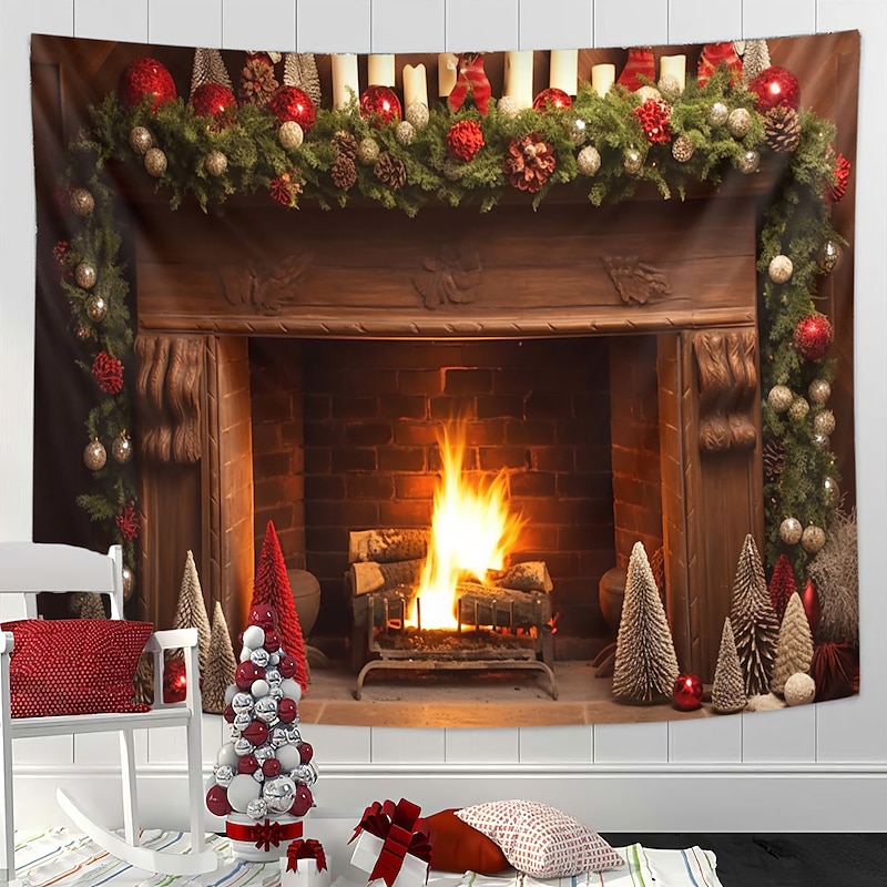 Christmas Decorations Fireplace Hanging Tapestry Wall Art Xmas Large Tapestry Mural Decor Photograph Backdrop Blanket Curtain Home Bedroom Living Room Decoration3