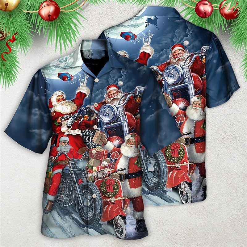 Christmas Men's Santa Claus Printed Shirts Santa Claus Motorcycle Abstract Rock Outdoor Street Fall Turndown Short Sleeve Dark Navy S M L Shirt2