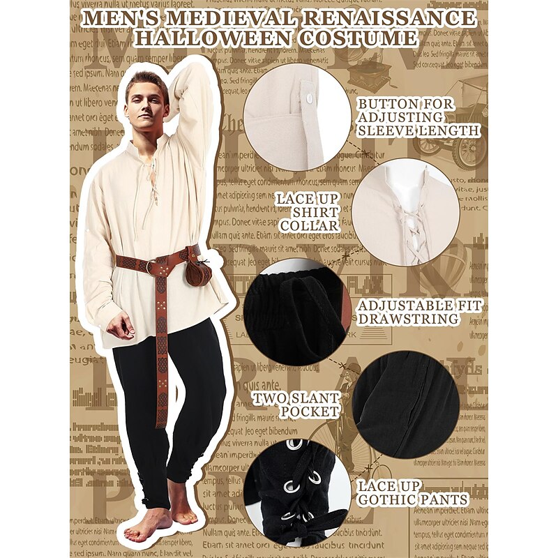 Retro Vintage Medieval Renaissance Pants Outfits Waist Belt Pirate Viking Fancy Dress Men's Viking Fantasy Halloween Carnival Masquerade Carnival Performance Masquerade Adults' Shirt Pants Belt4