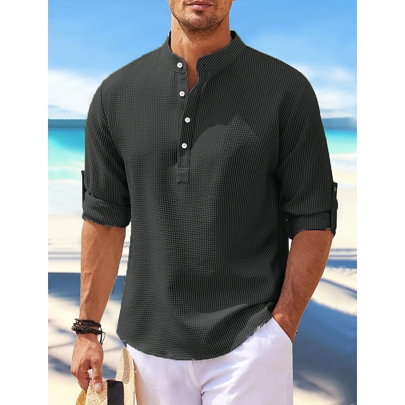Men's Shirt Popover Shirt Summer Shirt Beach Wear Casual Shirt Band Collar Shirt White Blue Light Grey Dark Gray Long Sleeve Plain Henley Daily Vacation Clothing Apparel Cotton Blend Fashion Casual2
