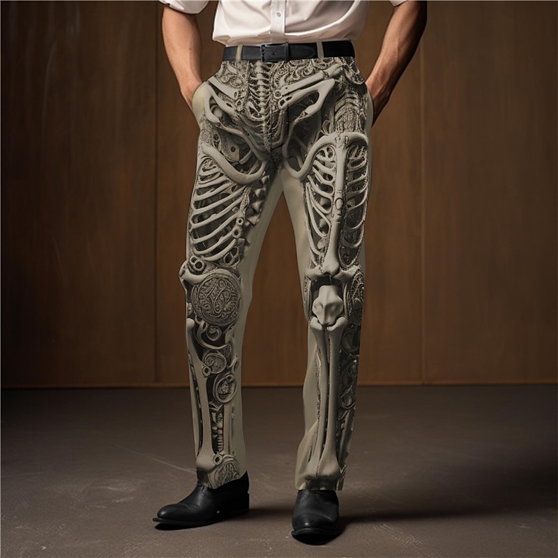 Skeleton Punk Abstract Men's 3D Print Pants Trousers Outdoor Street Wear to work Halloween Polyester Black White Khaki S M L High Elasticity Pants2