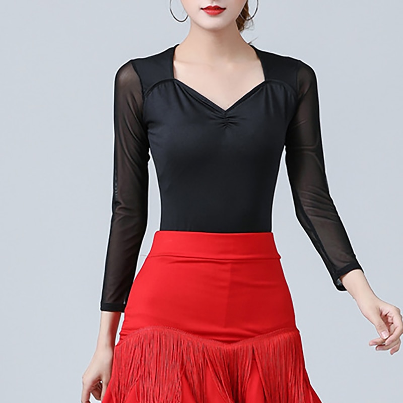 Latin Dance Ballroom Dance Leotard / Onesie Pure Color Splicing Tulle Women's Performance Training Long Sleeve High Spandex3