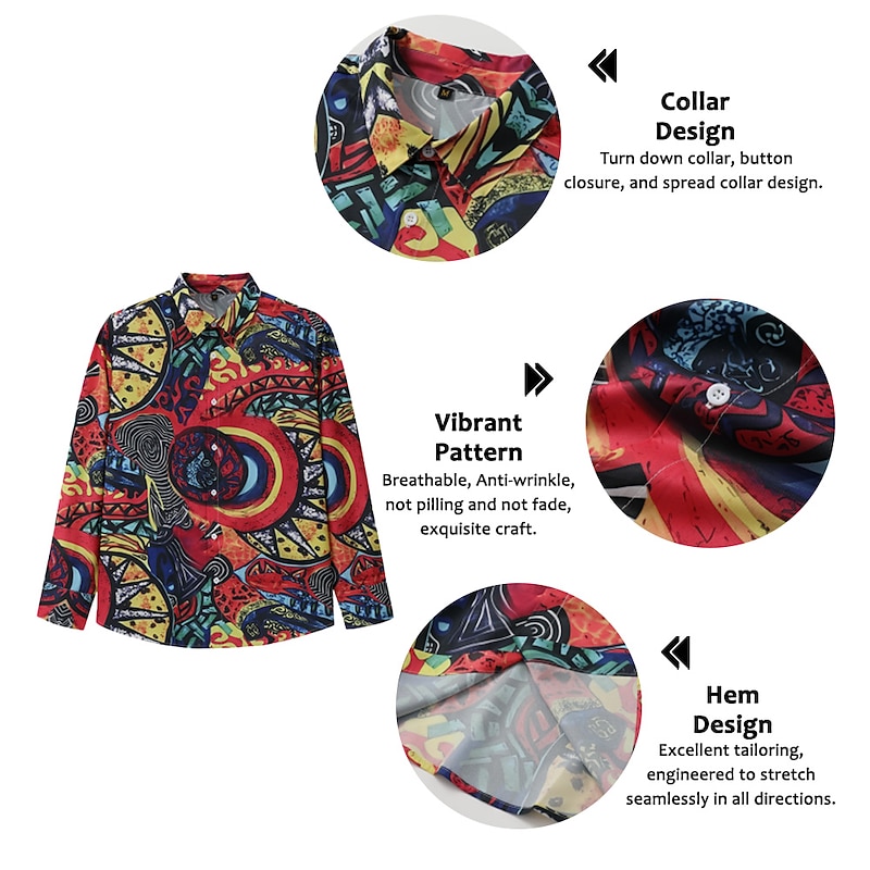 Men's Floral Vintage Colorful Shirt Summer Hawaiian Shirt Aloha Shirt Long Sleeve Shirt Turndown Vintage Designer Ethnic Style Vacation Party Going out Black Wine Red S M L2