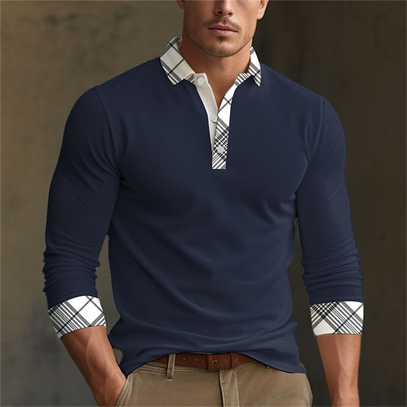 Kentucky Derby Men's Plaid Polo Shirts Golf Shirt Long Sleeve Polo Shirts Collared Shirts Business Casual WorkWear Formal Wear Festival Wear 3D Print Buttons Fall & Winter Black Wine Dark Navy3