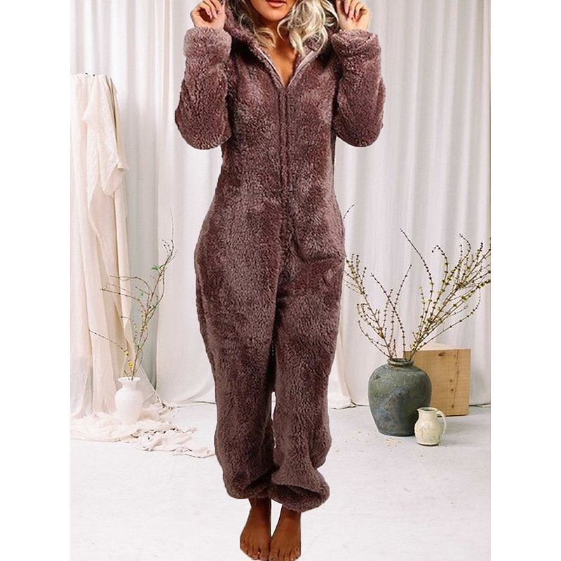Women's Onesie Pajama Plush Fleece Bear Ear Hoodie Red Full-Length Winter Warmth Cozy Loungewear Zippered Sleepwear Casual Home Home Outfits3