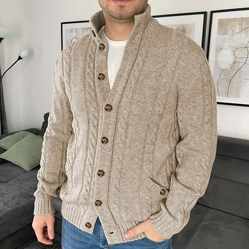 Men's Christmas Sweaters Cardigan Sweater Chunky Cardigan Cable Knit Cropped Button Up Side Pockets Plain Stand Collar Warm Ups Modern Contemporary Casual Daily Wear Clothing Apparel Fall Winter khaki3