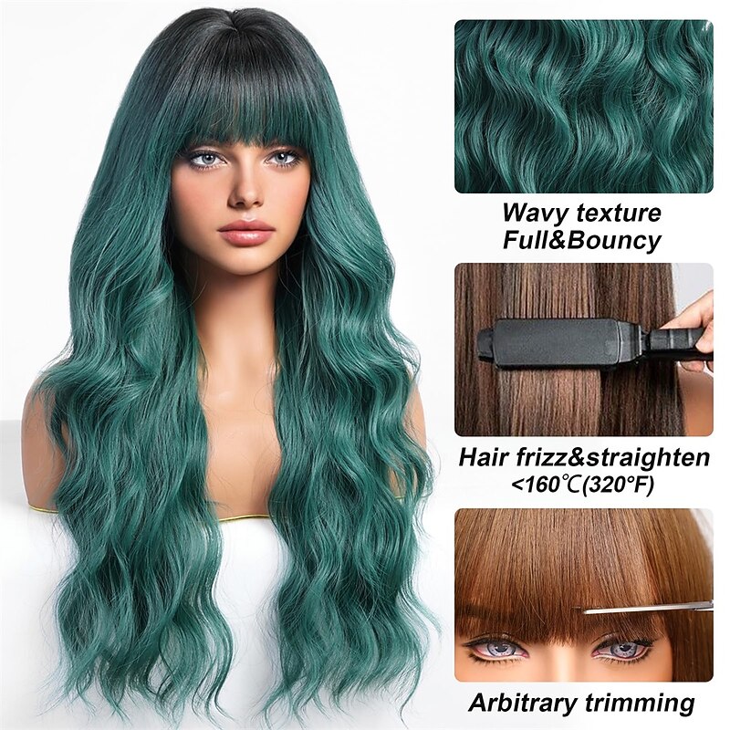 KOME Green Wigs with Bangs,Green Wig for Women Highlight Long Wavy Wig for Women,Long Curly Wigs Synthetic Hair Wig for Party Cosplay Daily Use Christmas Party Wigs3