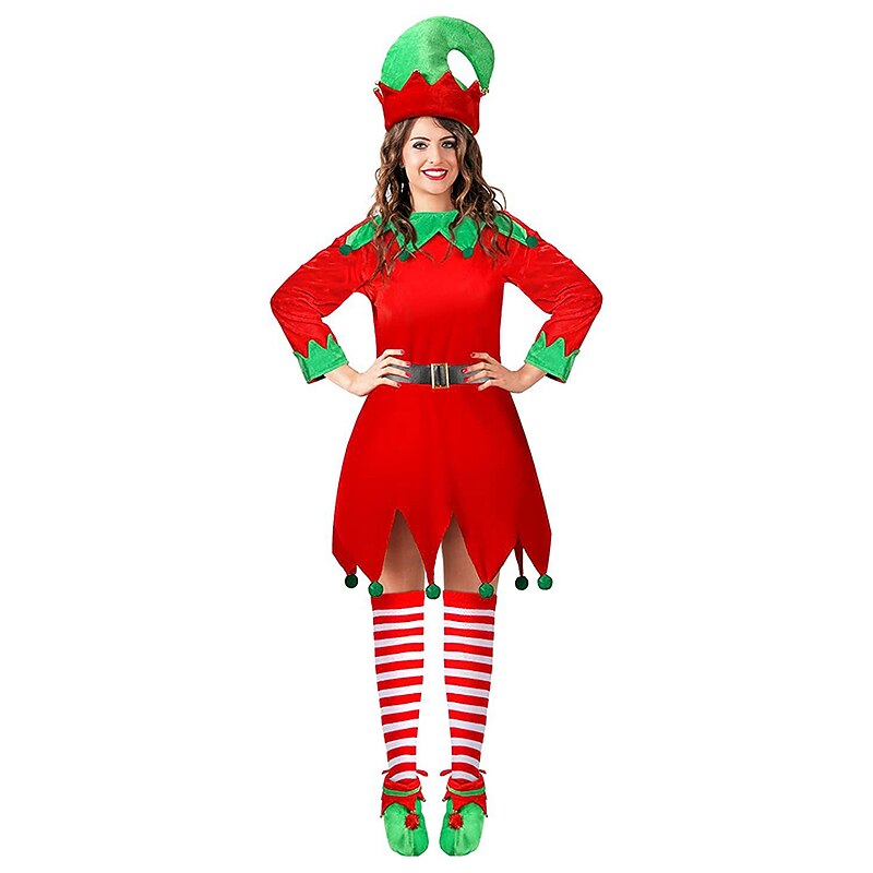 Elf Fancy Christmas Dress Santa Suits Cosplay Costumes Women's Girls' Christmas Kid's Adults' Christmas New Year Christmas Eve Dress Socks Hat Costume4