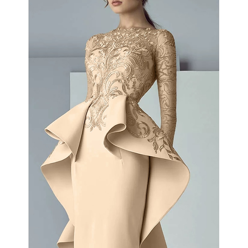Sheath Mother of the Bride Dress Formal Wedding Guest Elegant Party Scoop Neck Floor Length Lace Stretch Fabric Long Sleeve with Ruffles Appliques3