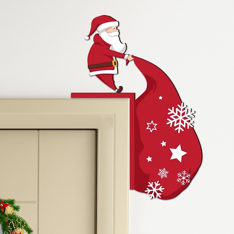 Christmas 3d Santa Claus Deer Car Wooden Door Corner Sticker Door Frame Holiday Decoration Wall Sticker Colored Wood Board2