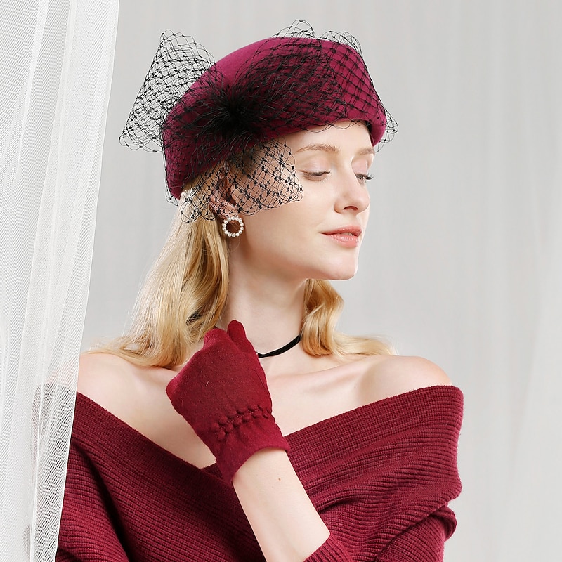 Hats 100% Wool Beret Hat Fedora Hat Casual Cocktail Elegant Wedding With Pure Color Tulle Headpiece Headwear3