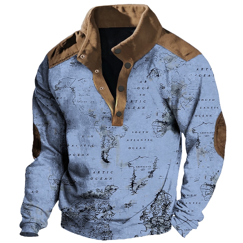 Men's Nautical Map Graphic Prints Sweatshirts Sweatshirt Pullover Long Sleeve Sweatshirt Stand Collar Daily Casual Vintage Retro 3D Print Vacation Going out Streetwear Buttons Spring &  Fall3