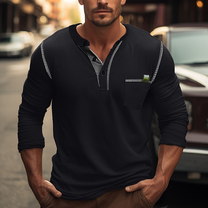 Men's Button T Shirt T Shirt Henley Shirt Tee Top Long Sleeve Henley Spring &  Fall Color Block Raglan Sleeve Vintage Designer Basic Patchwork Front Pocket Vacation Street Going out Wine Black White3