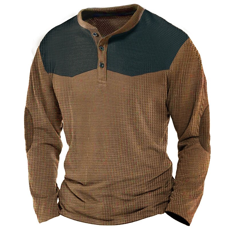 Men's Waffle Tee Button T Shirt Henley Shirt Waffle Knit Tee Long Sleeve Henley Spring &  Fall Color Block Fashion Designer Basic Patchwork Vacation Street Going out Black Blue Brown Top Tee for Men4