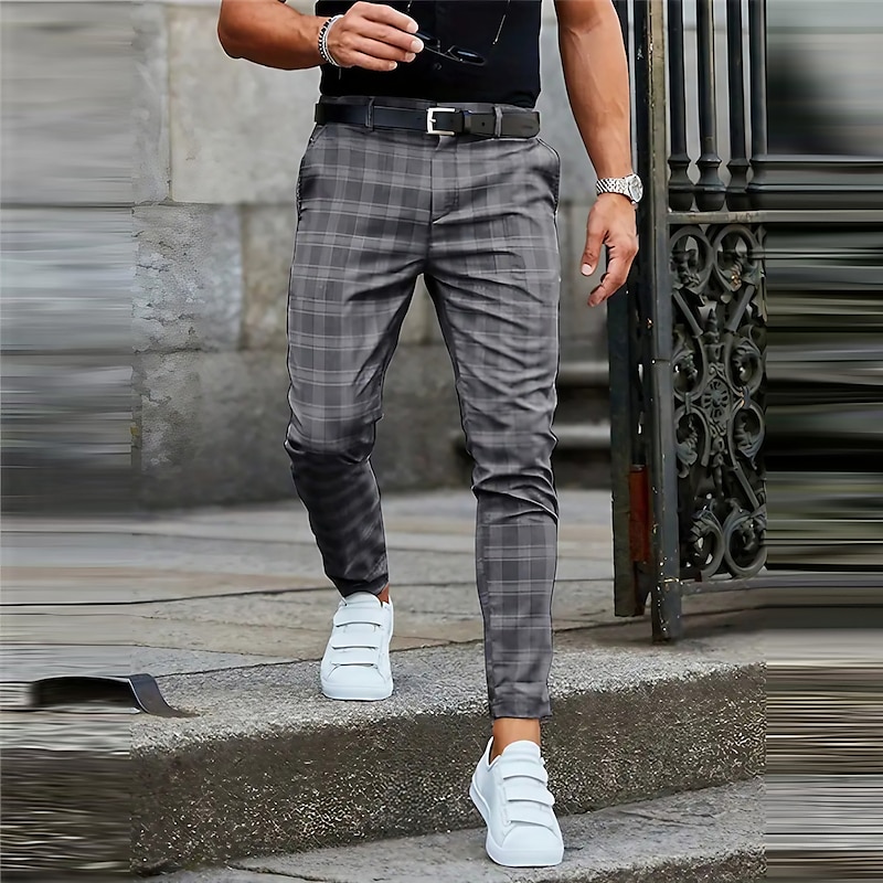 Plaid Business Men's 3D Print Pants Trousers Outdoor Daily Wear Streetwear Polyester Black Blue Khaki S M L Medium Waist Elasticity Pants