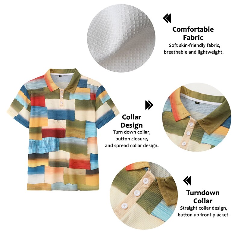 Men's Plaid Waffle Polo Shirts Golf Shirt Short Sleeve Polo Shirts Collared Shirts Vintage Casual Vacation Wear Formal Wear Festival Wear Buttons 3D Print Yellow Pink Blue2