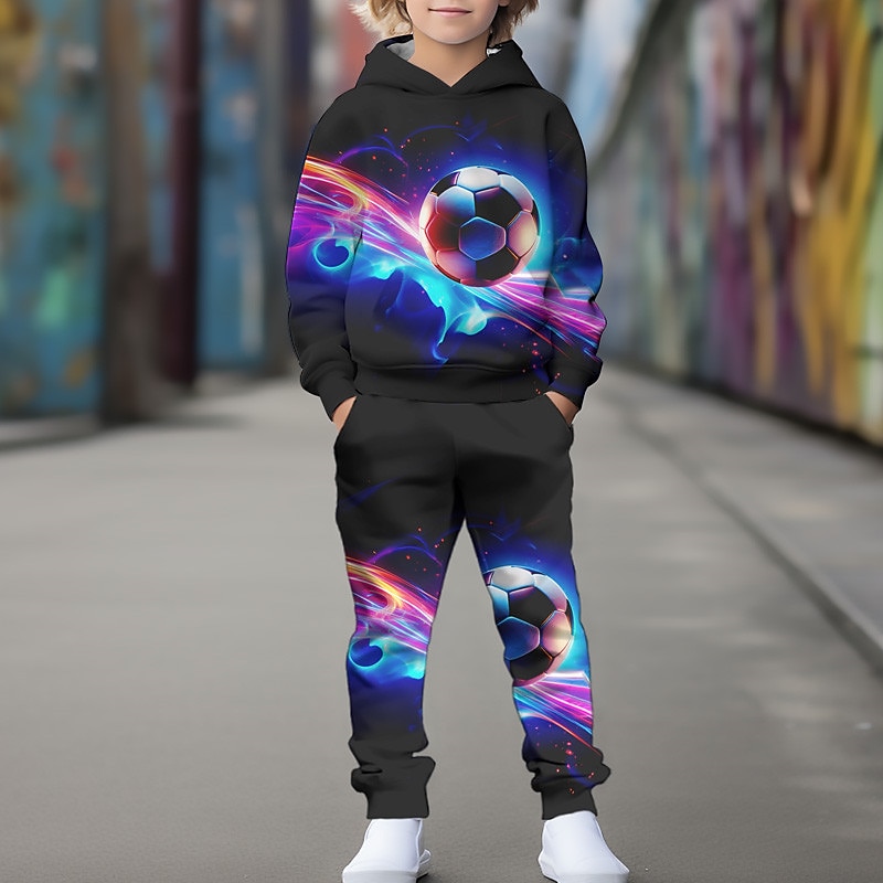 Boys 3D Football Hoodie & Sweatpants Set Set Long Sleeve 3D Printing Fall Winter Active Fashion Cool Kids 3-12 Years Outdoor Vacation Street Regular Fit