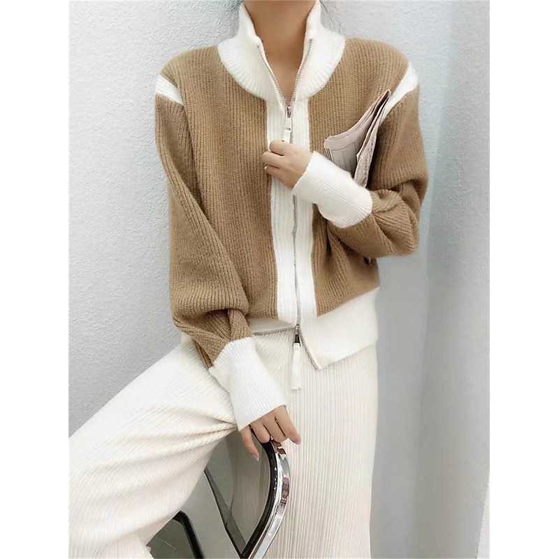 Women's Cardigan Sweater Stand Collar Ribbed Knit Patchwork Zipper Fall Winter Outdoor Daily Going out Stylish Casual Soft Long Sleeve Color Block Black White4