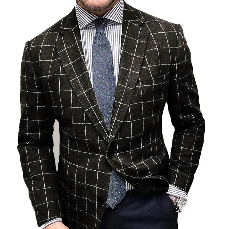 Men's Jacket Blazer Engagement Party Cocktail Attire Breathable Pocket Fall Winter Plaid / Check Business 1920s Turndown Regular Regular Fit Brown Gray Jacket2