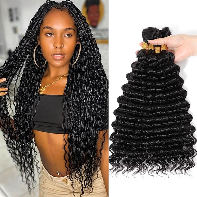 2 Bundle Human Braiding Hair Deep Wave Bulk Human Hair for Braiding Curly Human Hair for Boho Braids Knotless/Goddess/Micro/Bohemian/Gypsy/No Weft/Curly/100% Unprocessed Virgin Human Hair